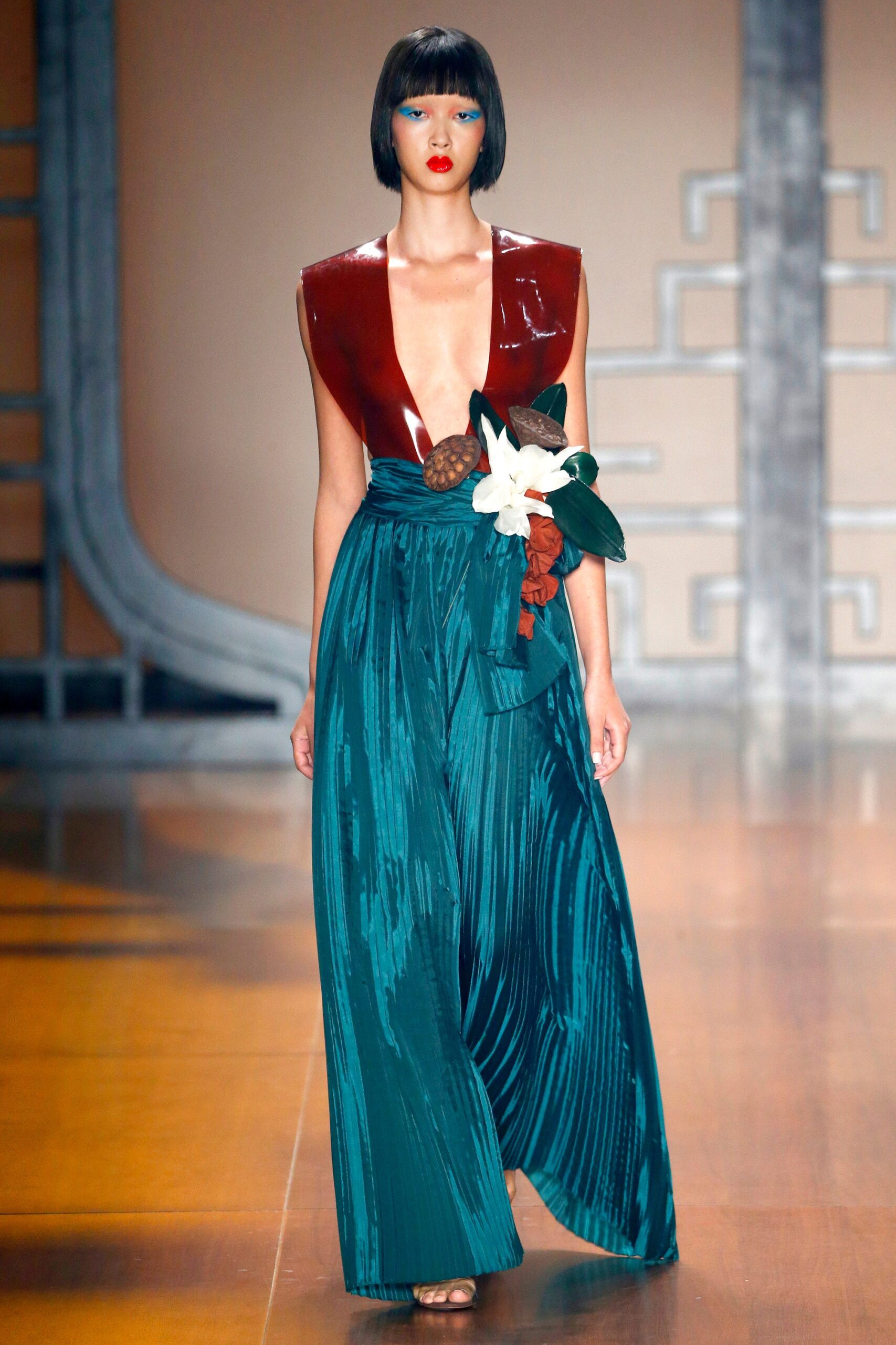 red and teal pleated maxi dress