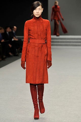 red suede fitted coat with gloves