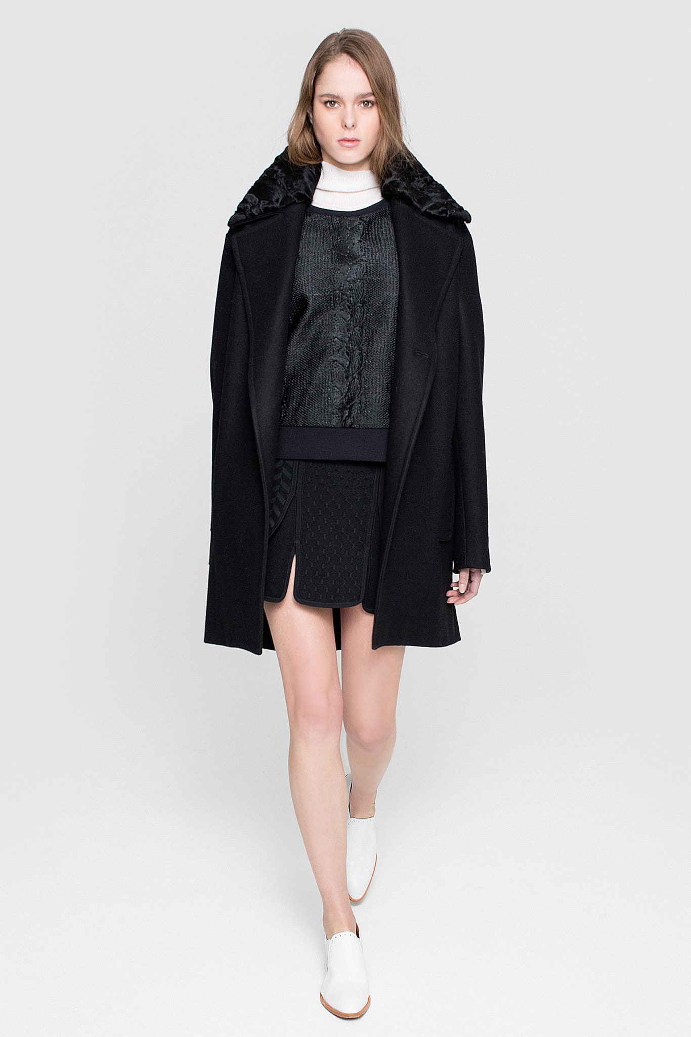 black wool coat with textured top