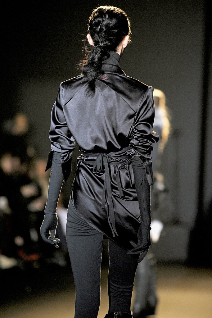 black silk long-sleeve collared fitted draped belted blouse