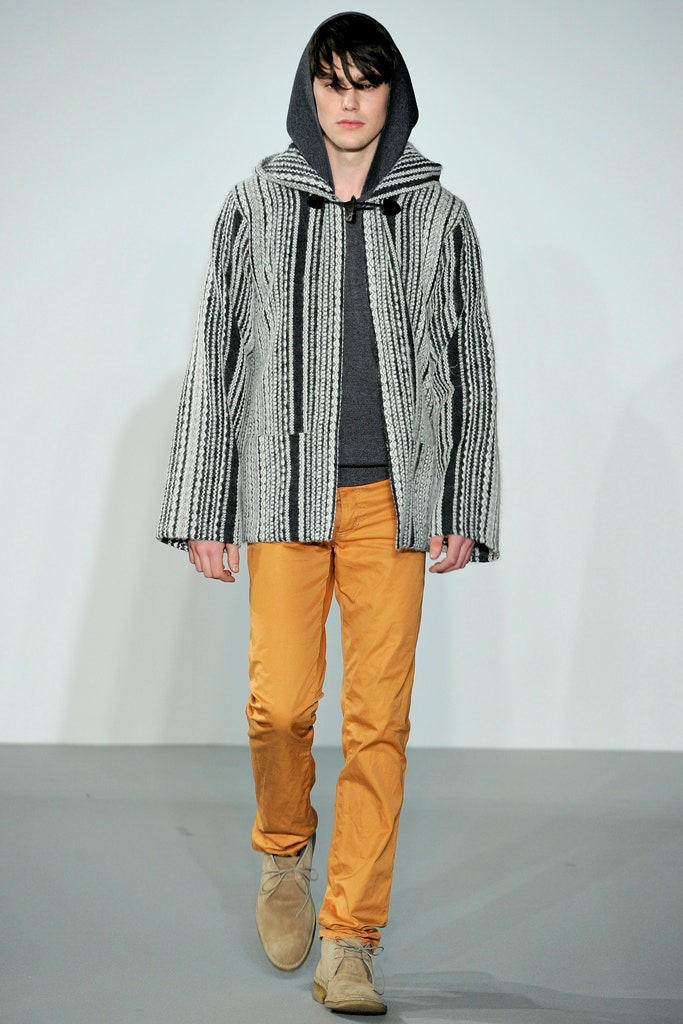 relaxed striped jacket with gray sweater