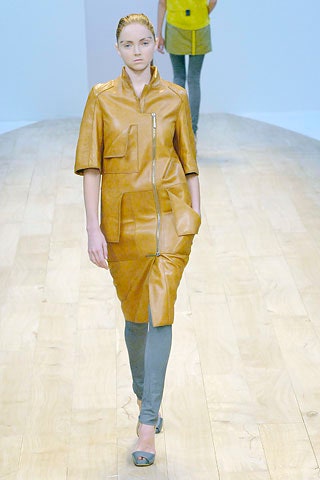 brown leather fitted dress with gray pants