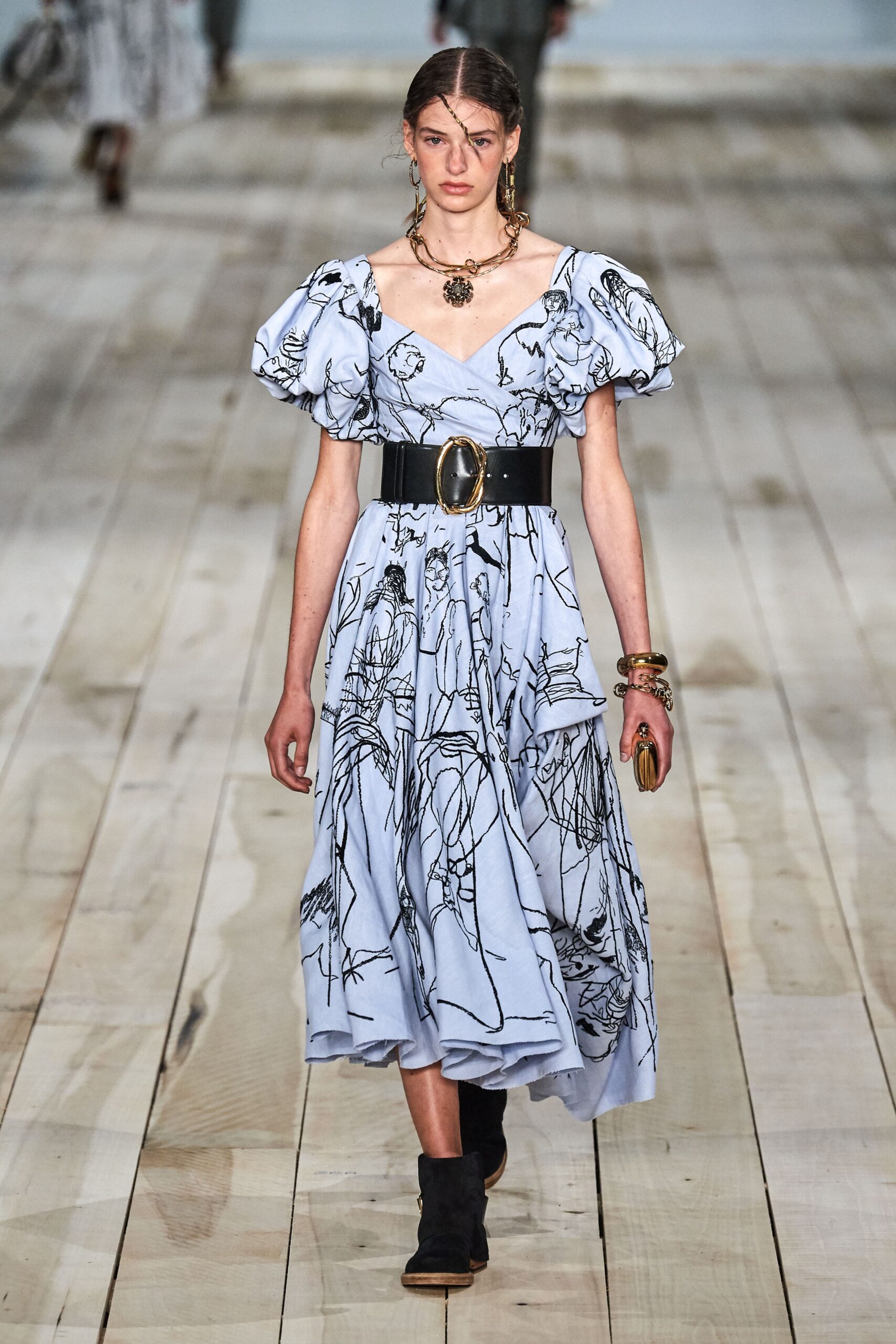 blue printed midi dress with belt