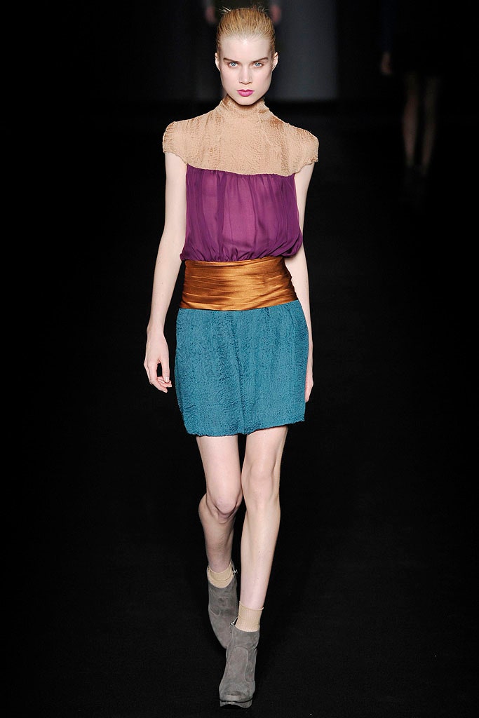 beige purple silk top with blue mini skirt