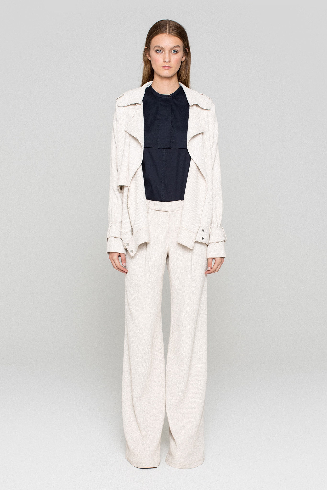 blue silk long-sleeve collared fitted buttoned blouse