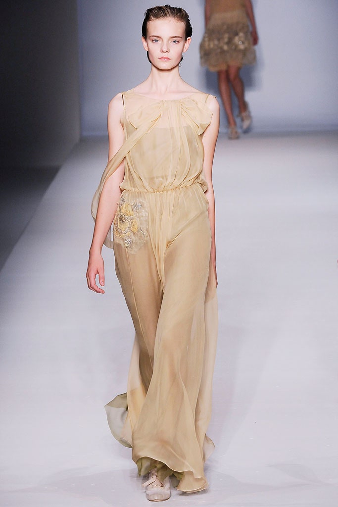 beige flowing chiffon gown