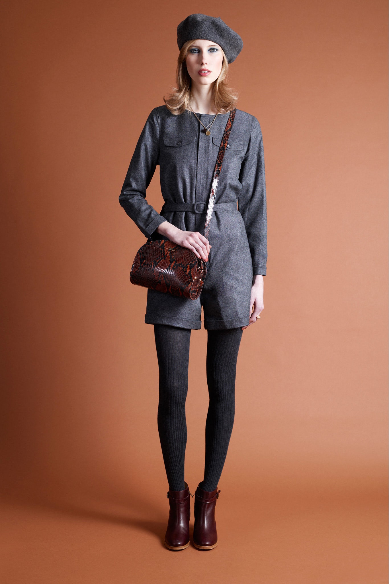 gray fitted romper with accessories