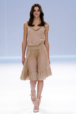 beige silk fitted high-waisted pleated midi skirt