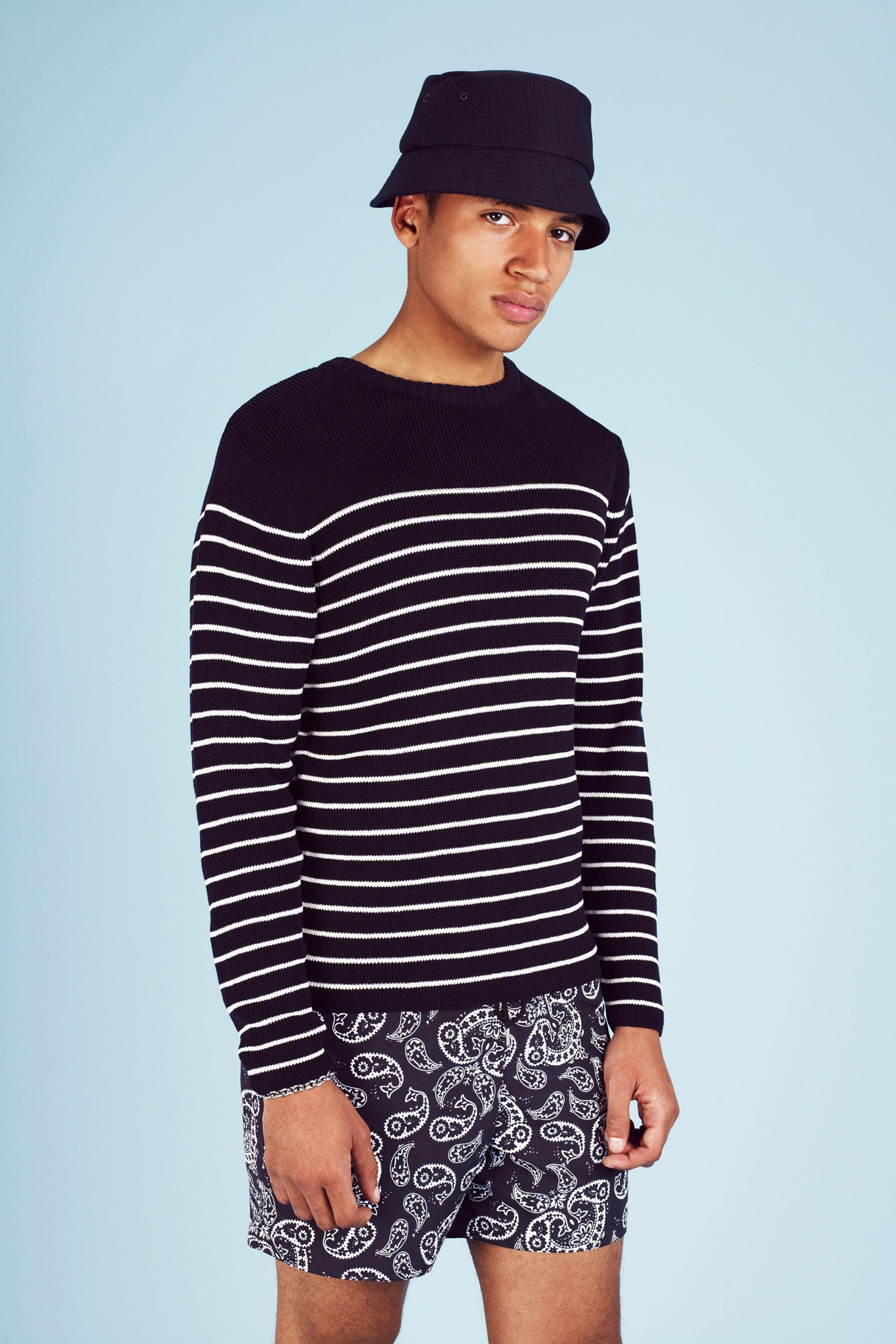 black and white striped sweater with shorts