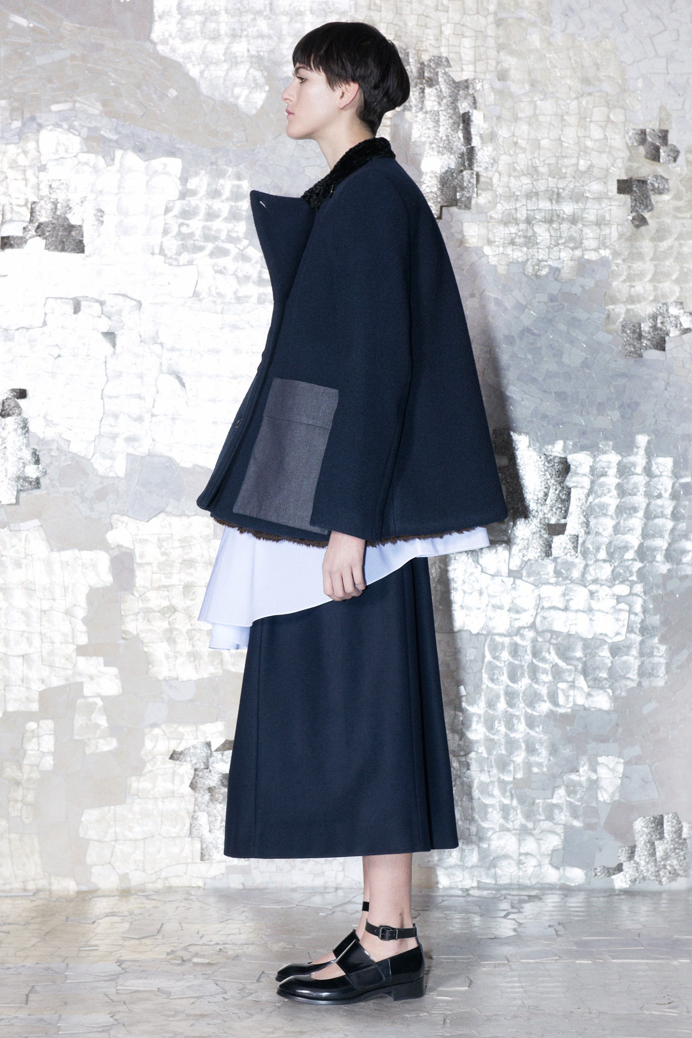 navy cape white dress black skirt