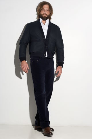 black jacket white shirt blue pants