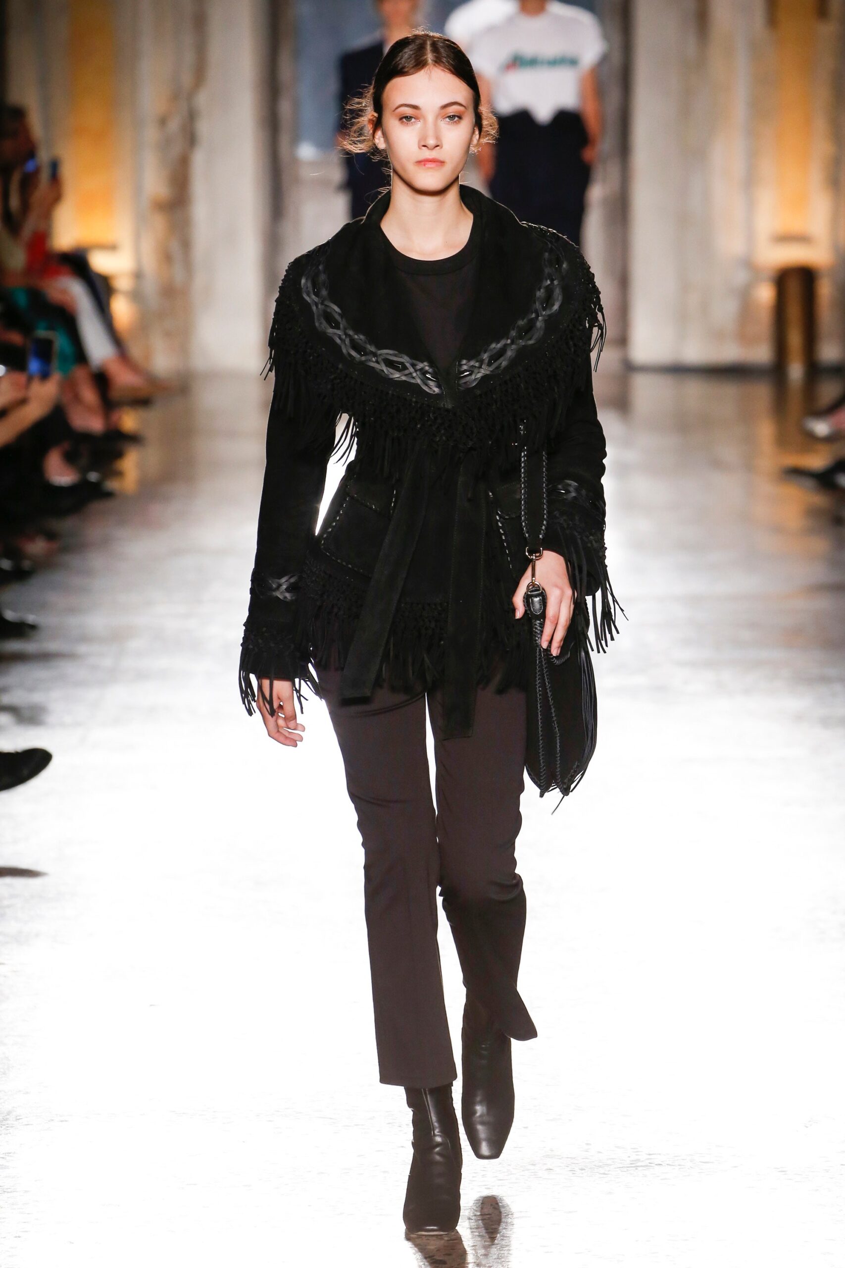 black suede long-sleeve collared fitted fringed belted jacket