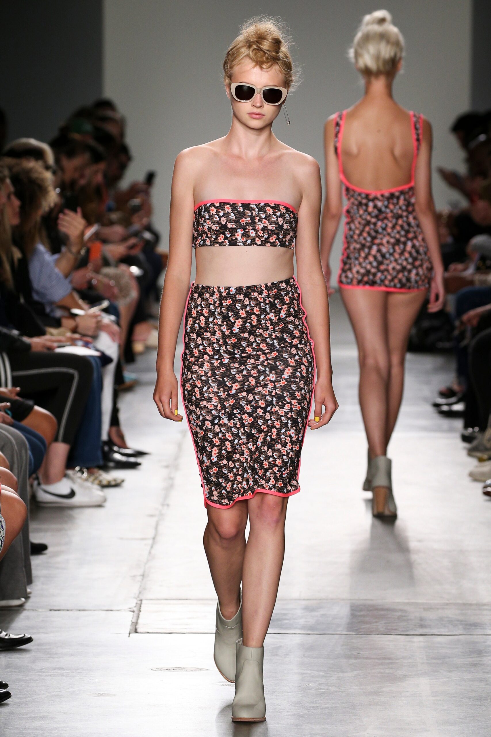 black floral crop-top and mini skirt