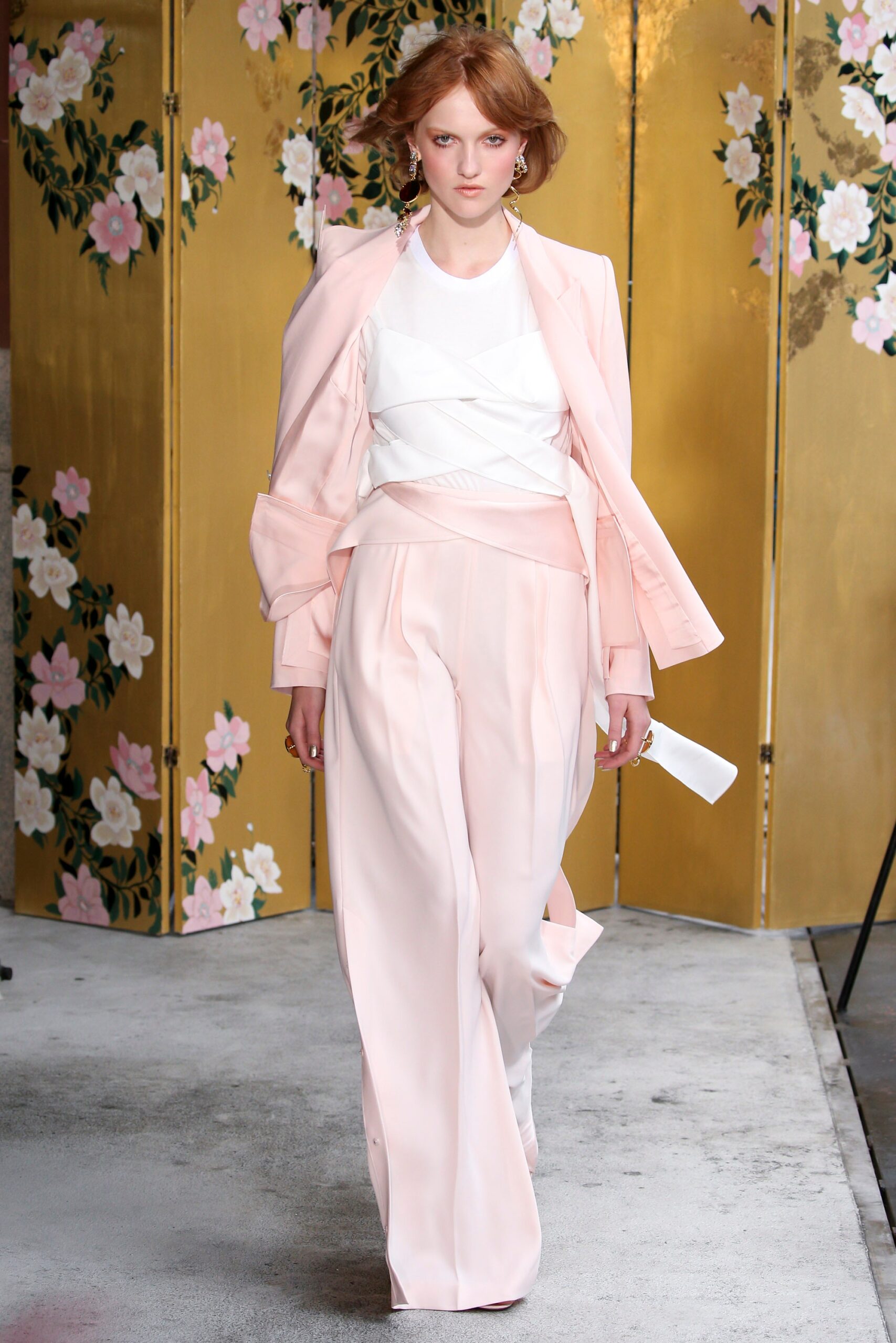 pink tailored blazer with wide-leg pants