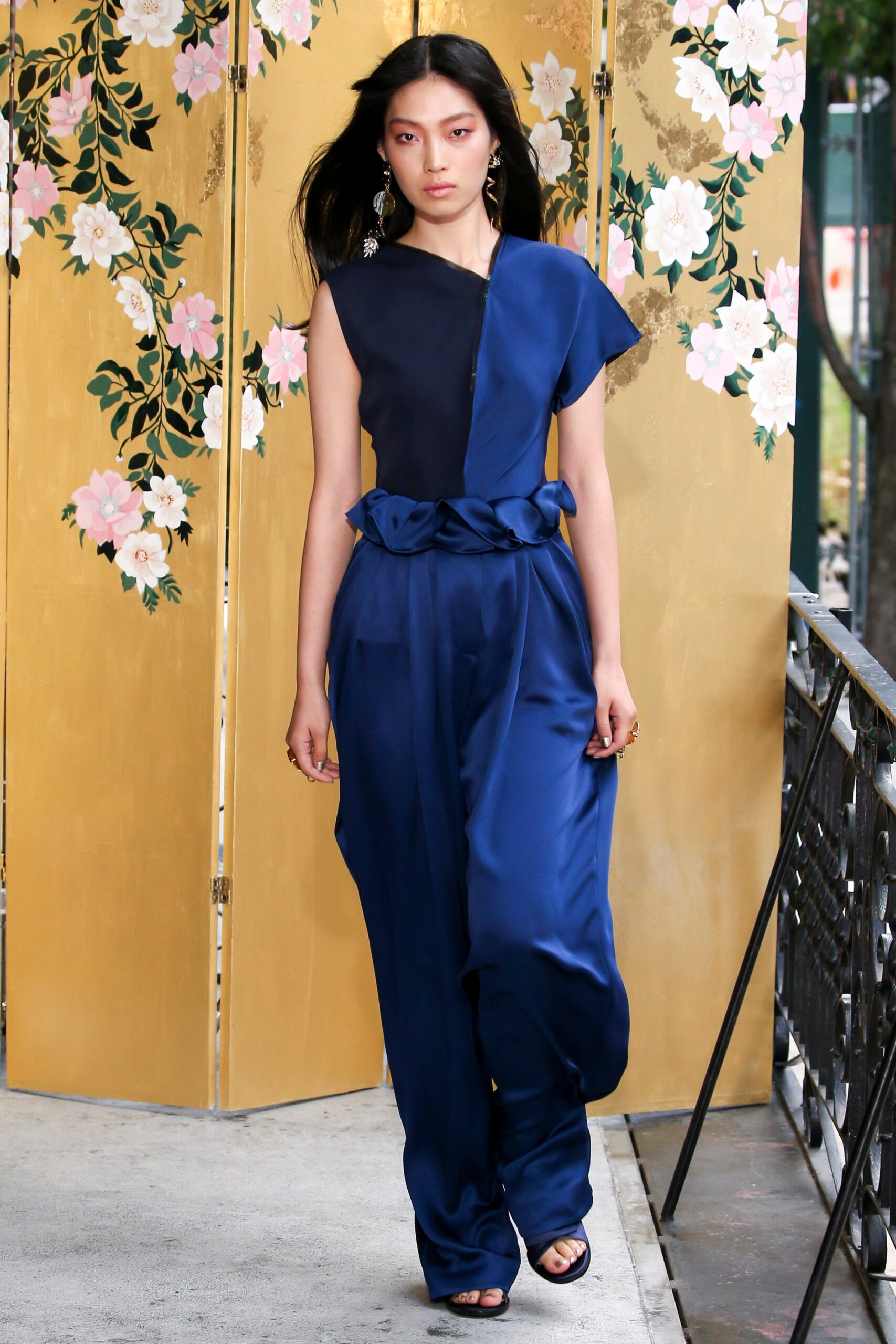 blue silk fitted jumpsuit