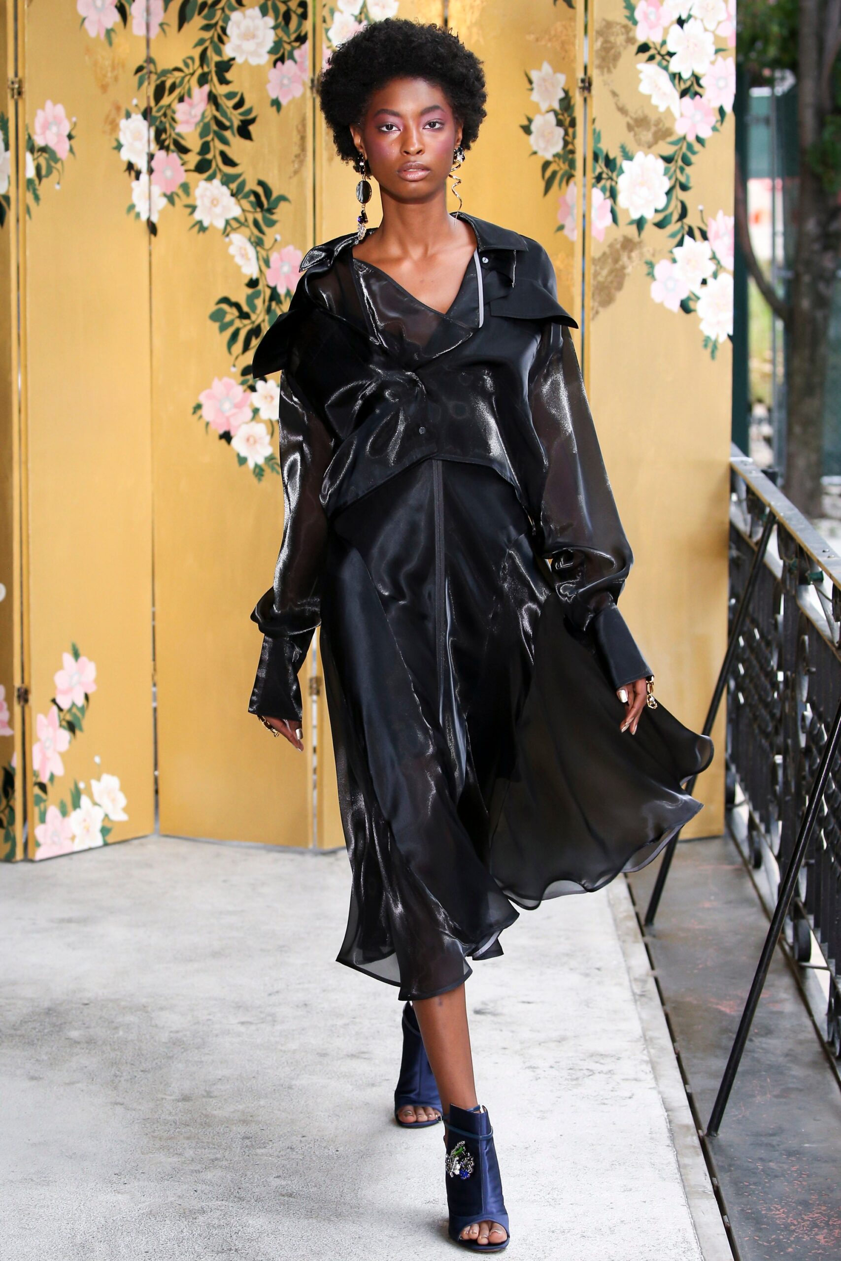 black silk draped midi dress