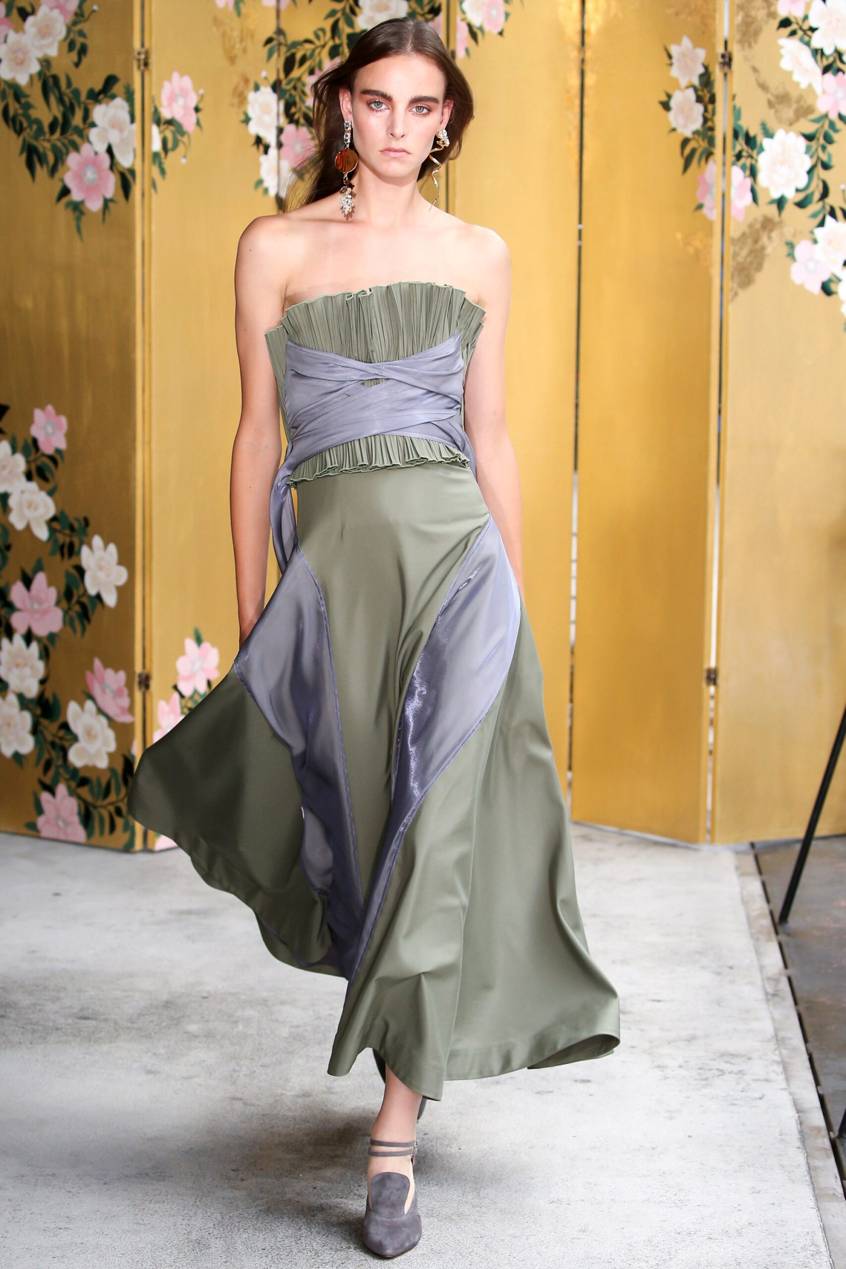green and gray strapless gown