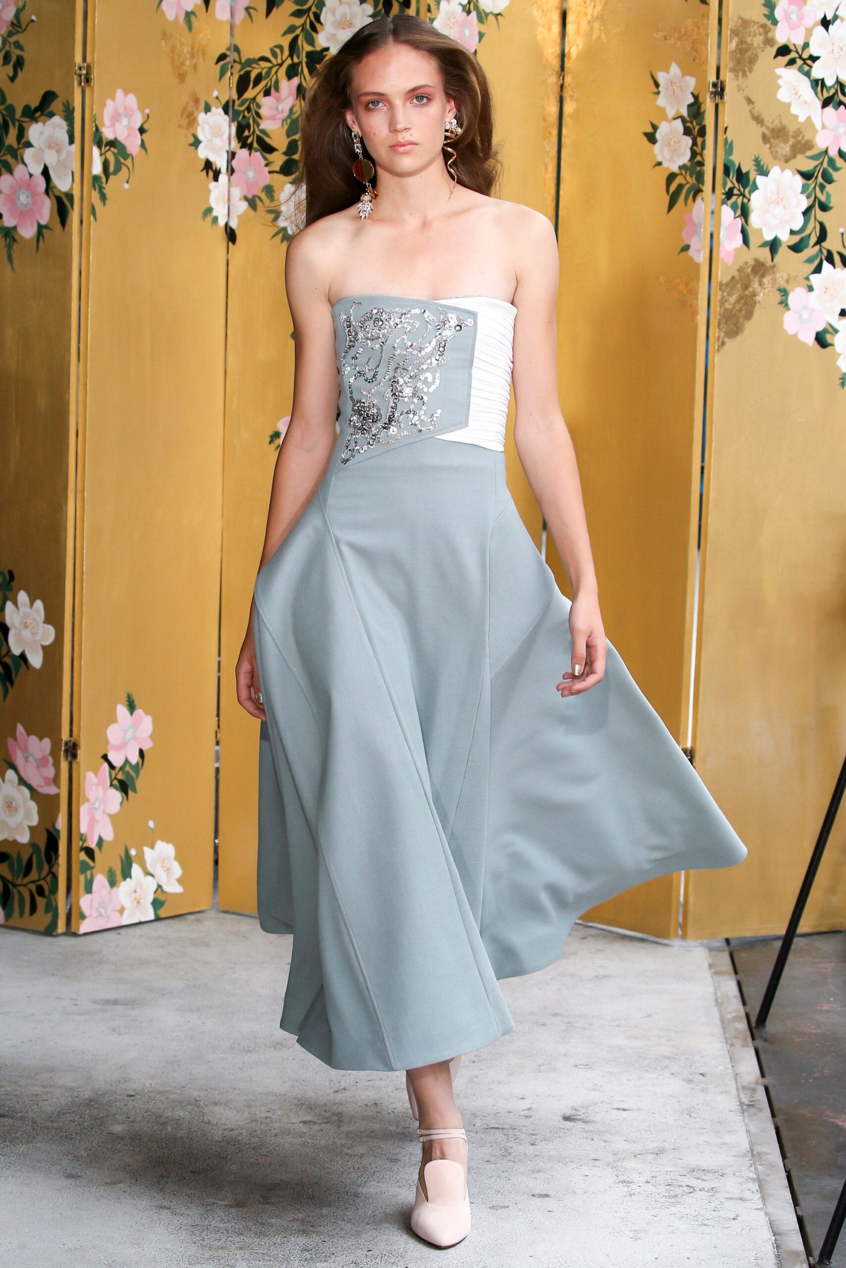 blue strapless embellished dress
