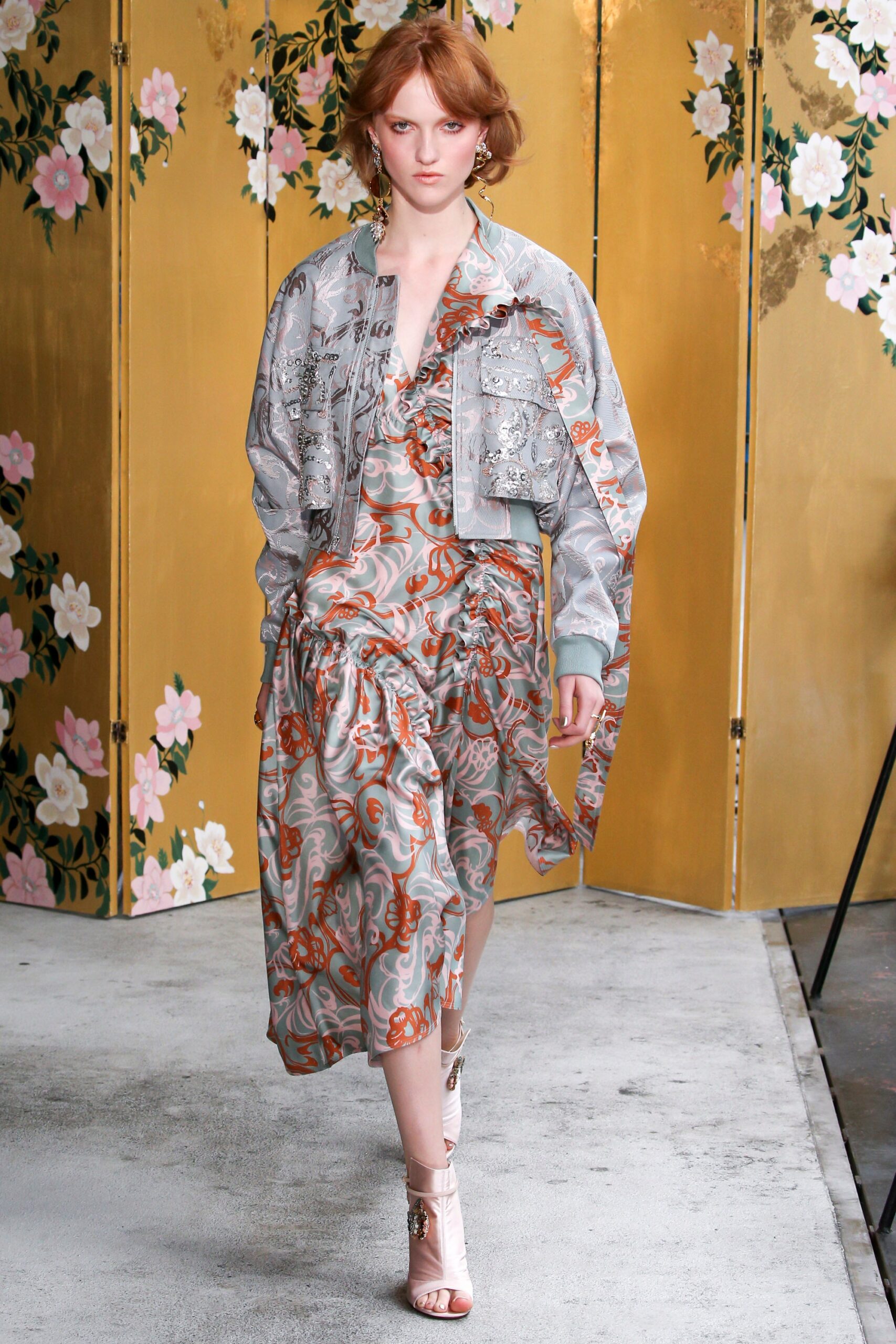 gray denim long-sleeve collared relaxed embroidered buttoned jacket