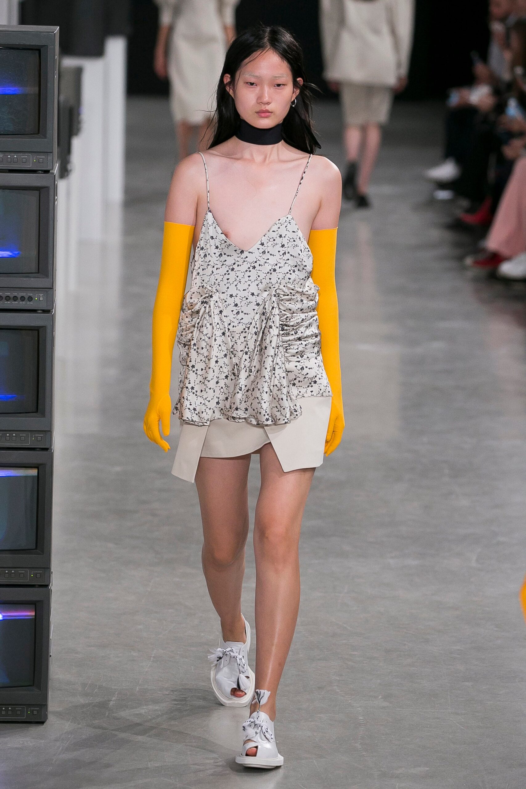 white ruched top with beige asymmetric skirt