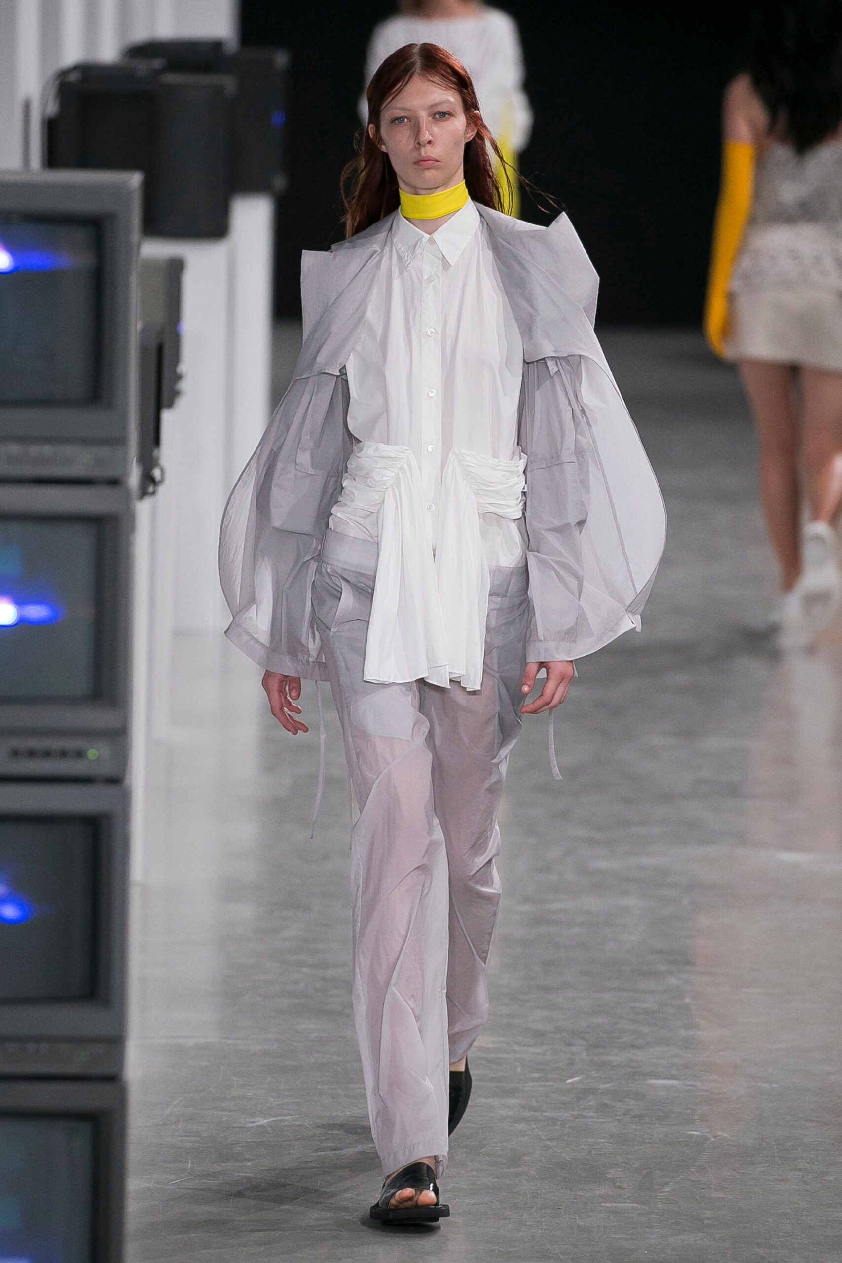 gray vinyl long-sleeve collared relaxed layered sheer jacket