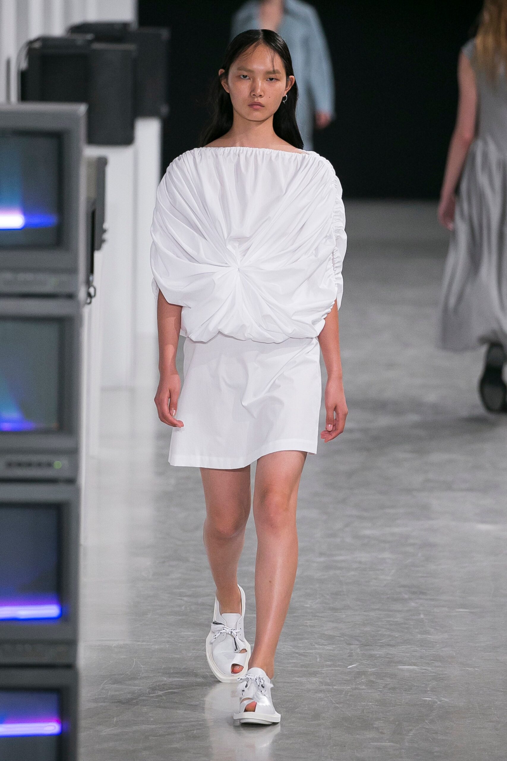 white off-shoulder top and skirt
