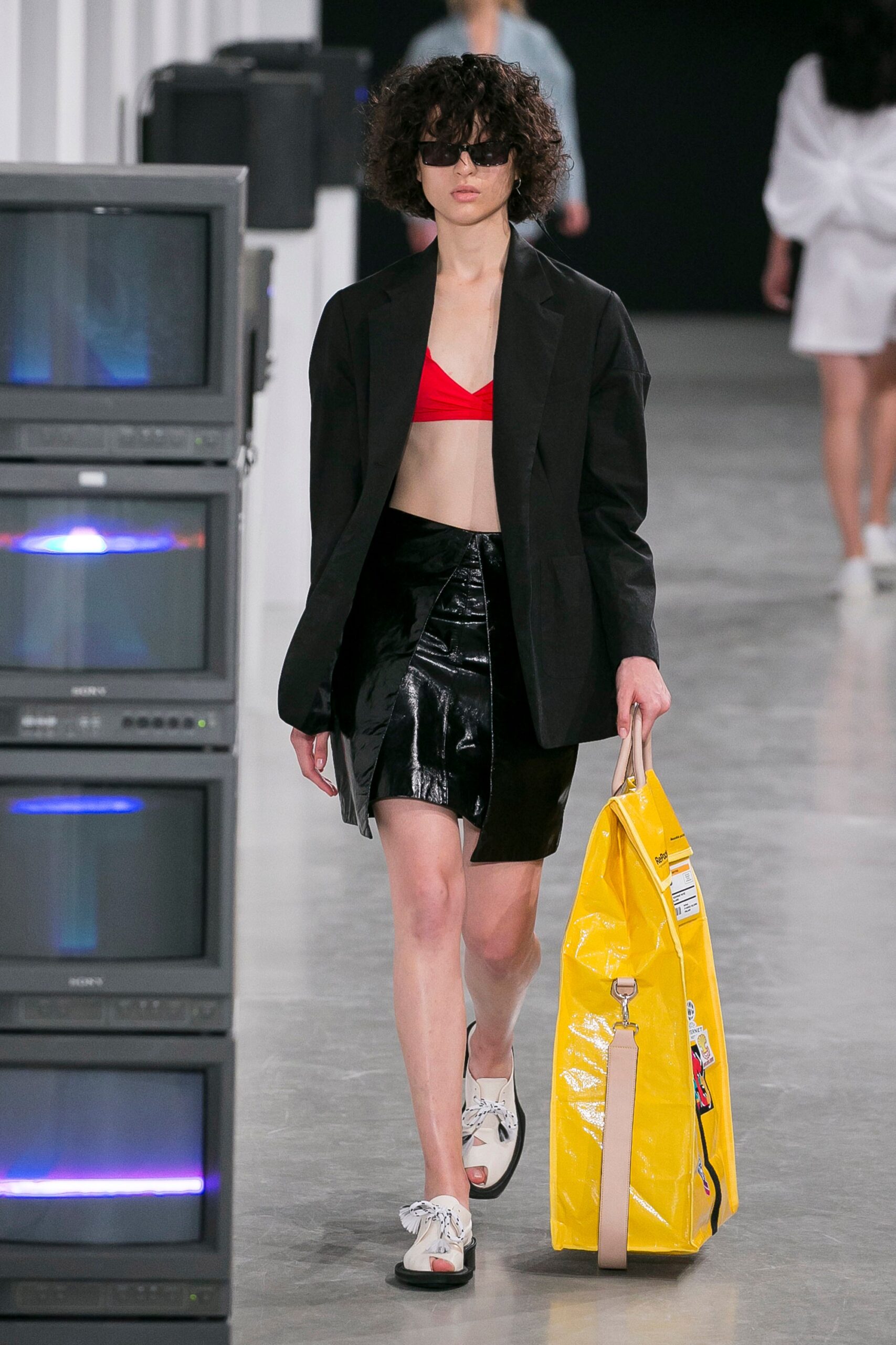 black blazer red crop-top