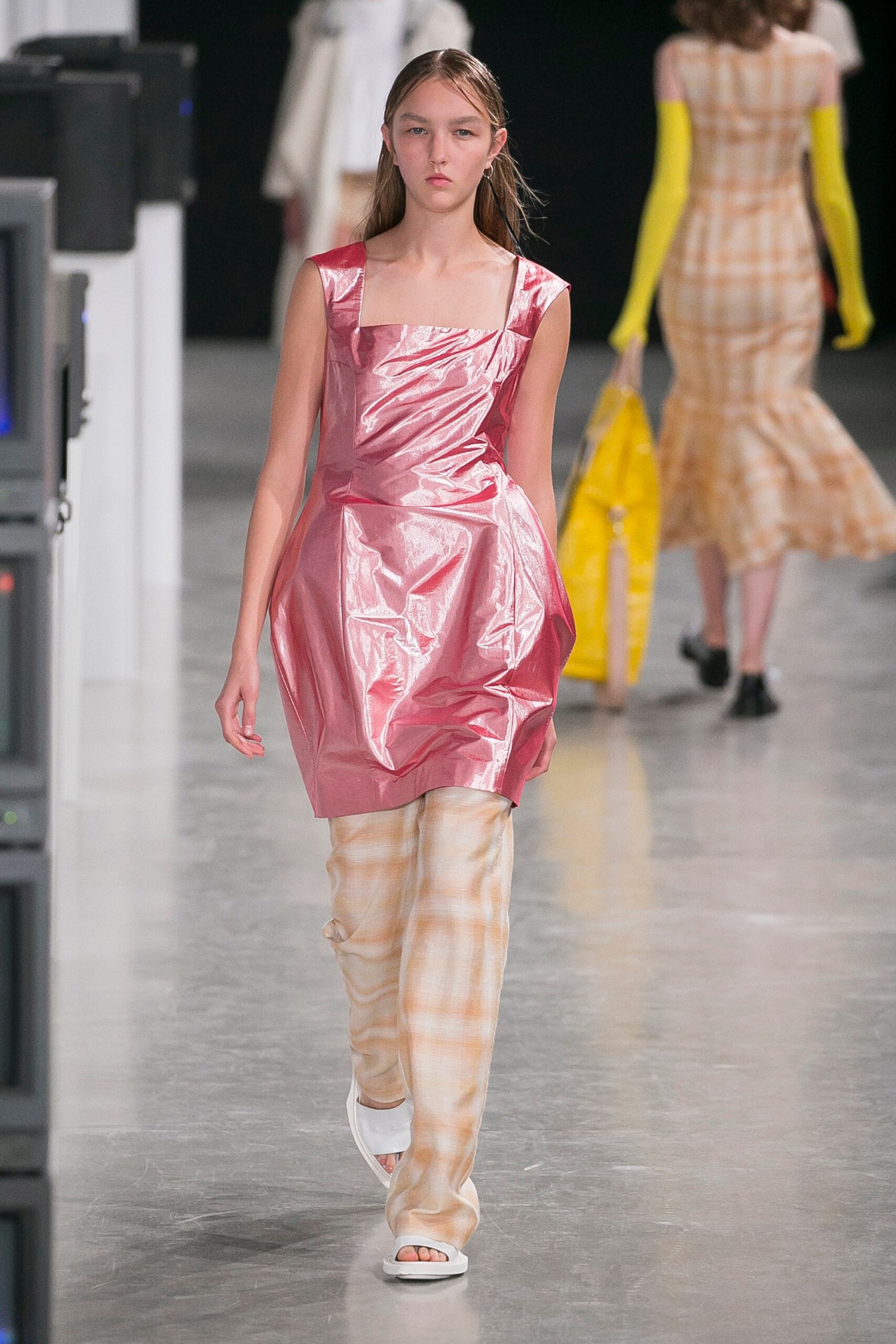 pink vinyl sleeveless v-neck fitted draped shiny dress