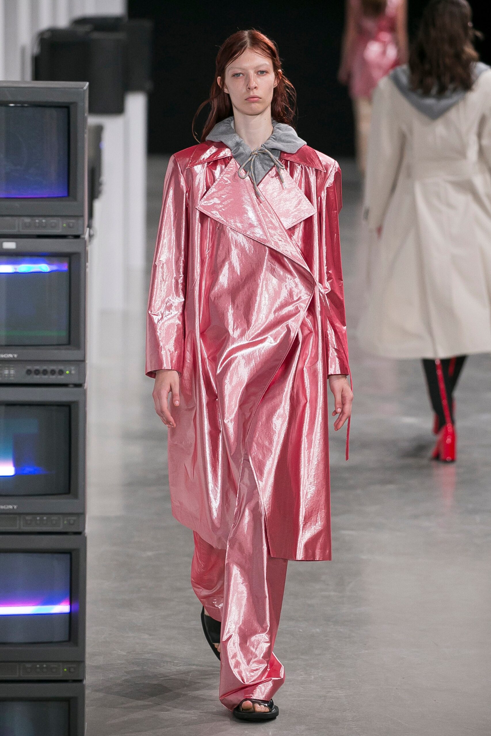 fitted pink vinyl coat