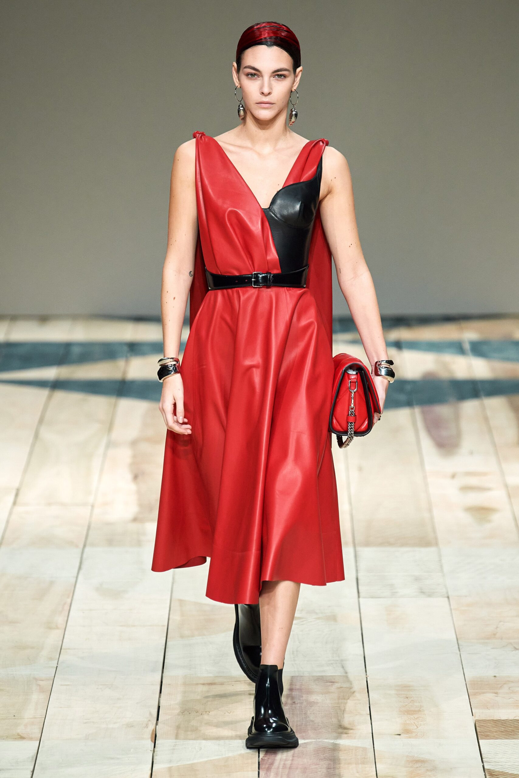 red leather sleeveless v-neck fitted a-line belted dress