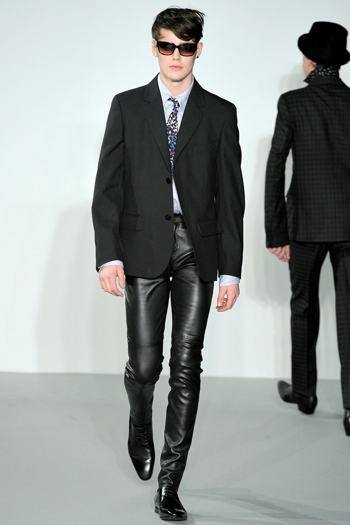 black tailored blazer and leather pants