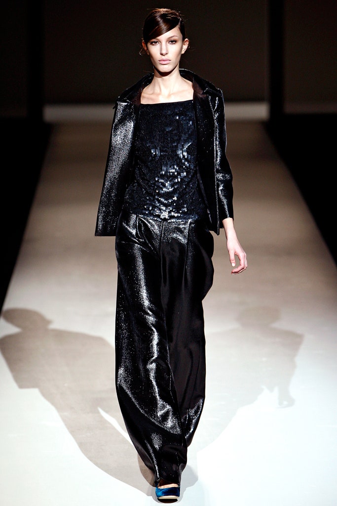 black sequined top with relaxed pants