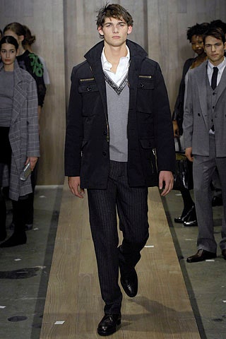 black jacket gray sweater slim pants