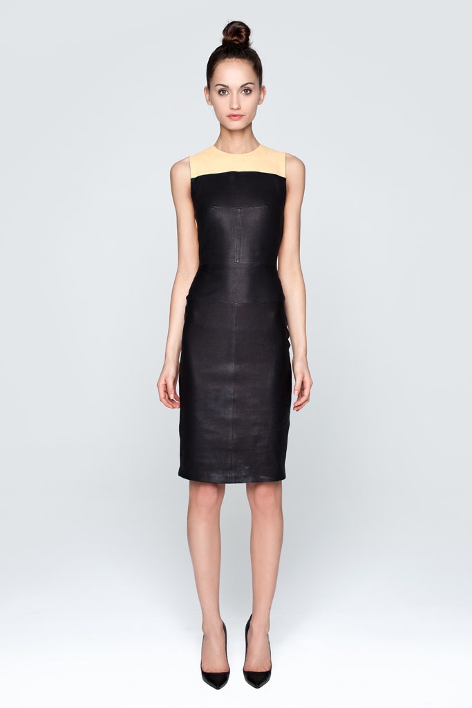 black leather sleeveless dress