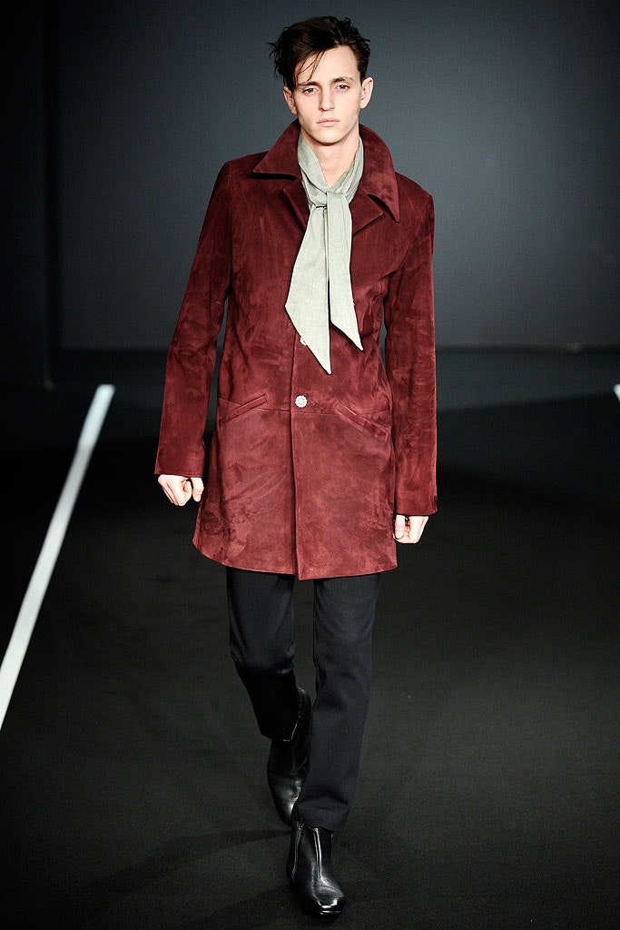 red suede long-sleeve collared fitted buttoned coat