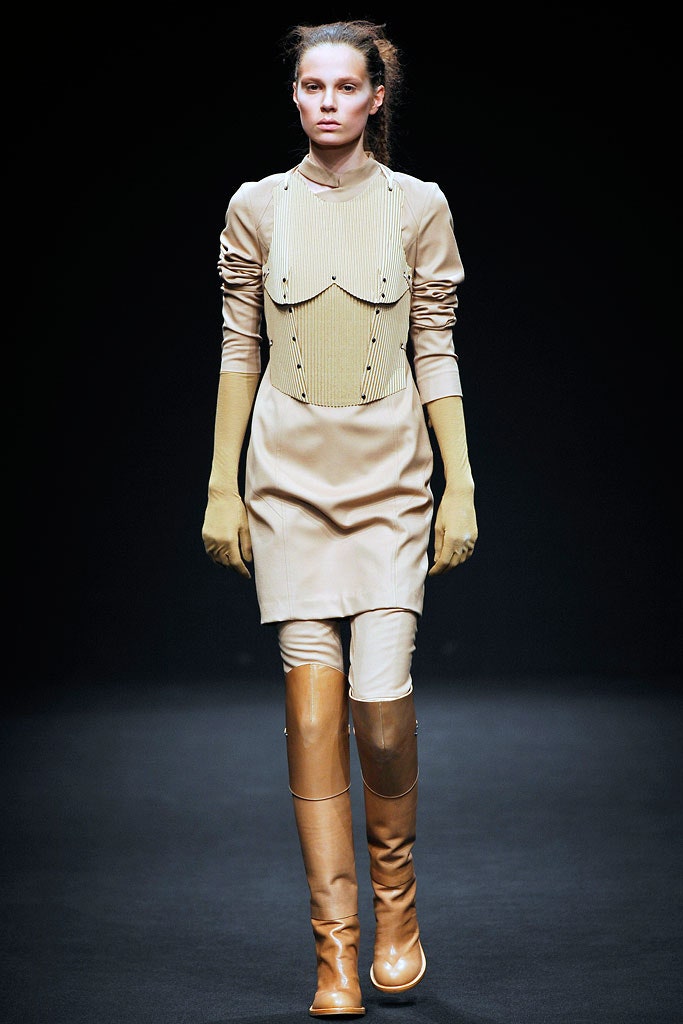beige cotton long-sleeve collared fitted pleated mini dress