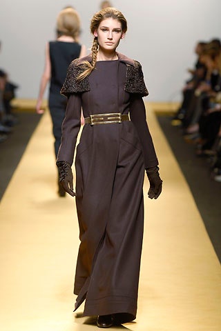 brown silk long-sleeve high-neck fitted structured belted gown