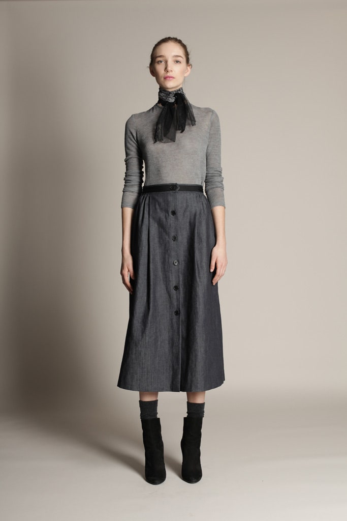 gray fitted top with blue midi skirt