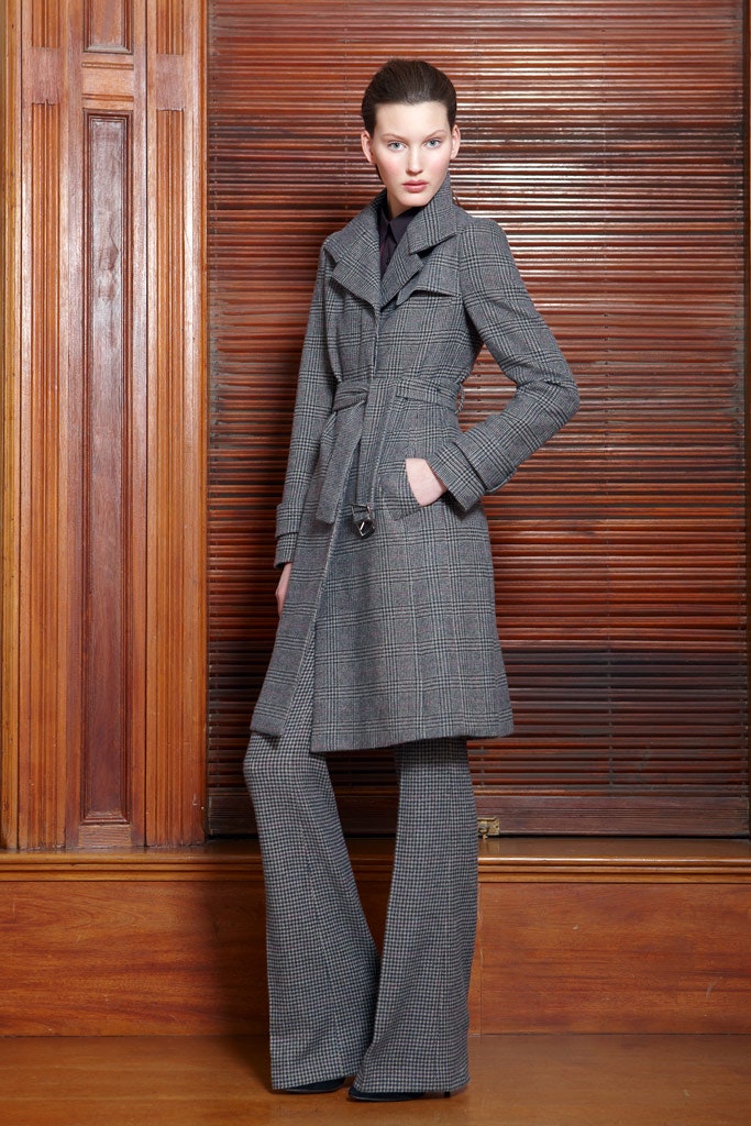 gray wool long-sleeve collared tailored checked belted trench