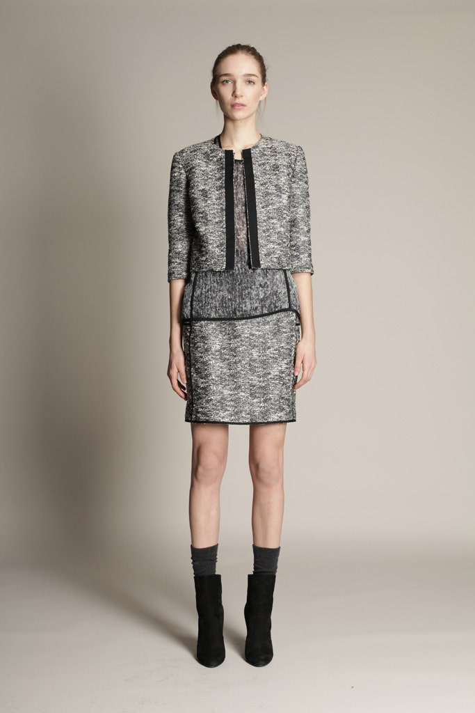 fitted black and gray jacket and dress