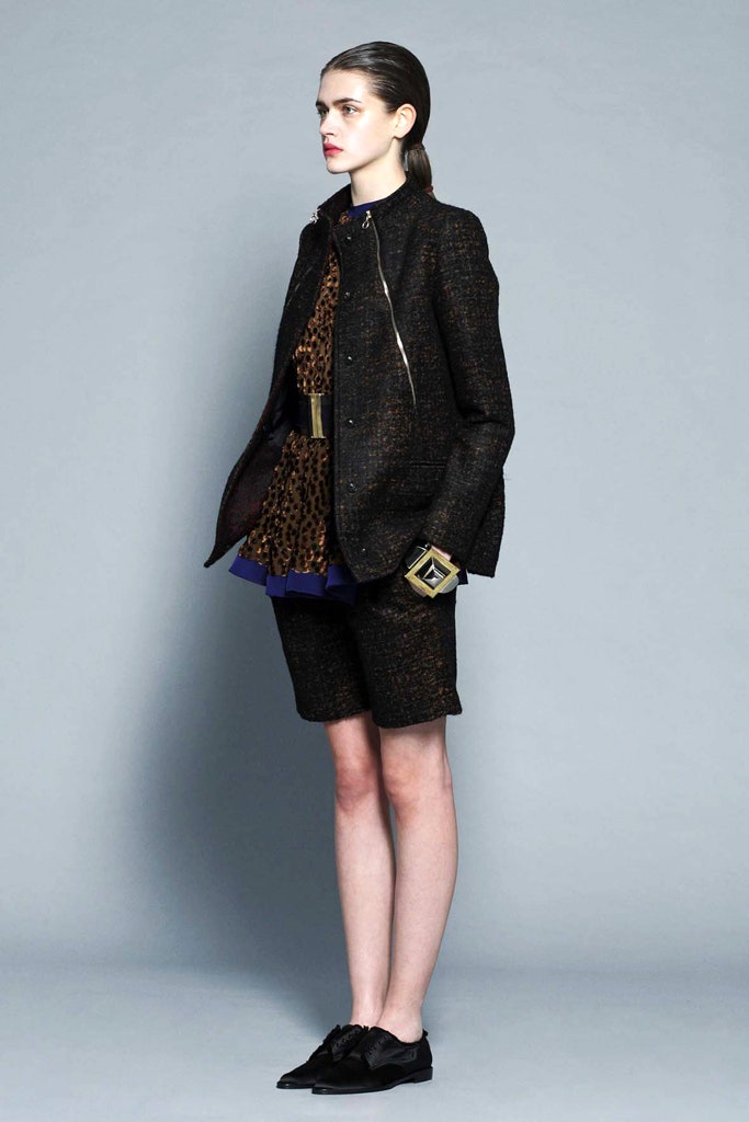 black tweed jacket with animal-print top
