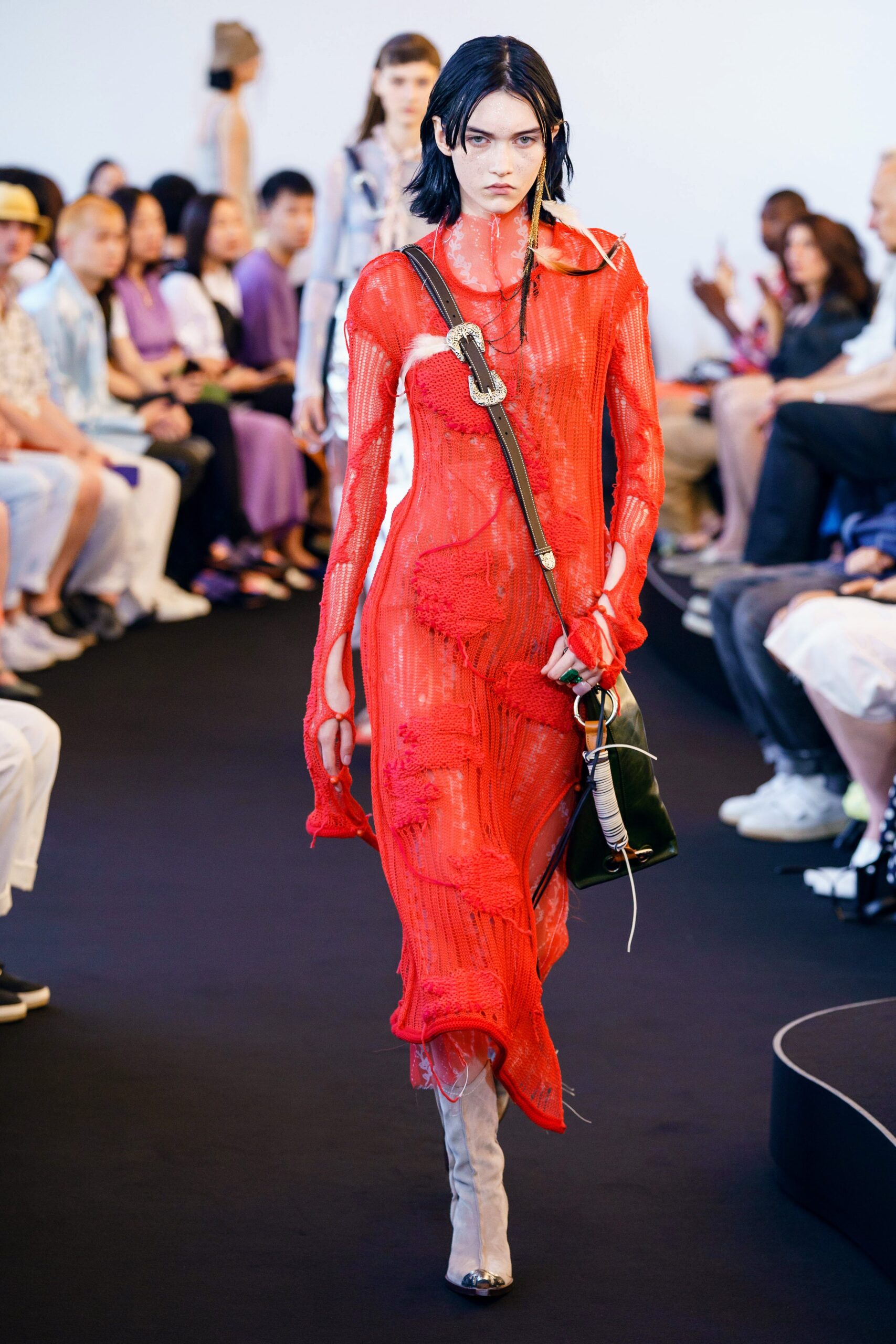 fitted red mesh dress