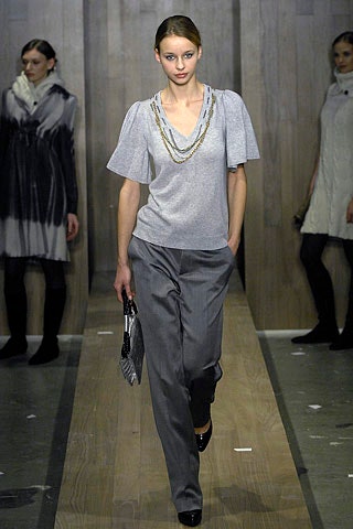 gray relaxed top with tailored pants