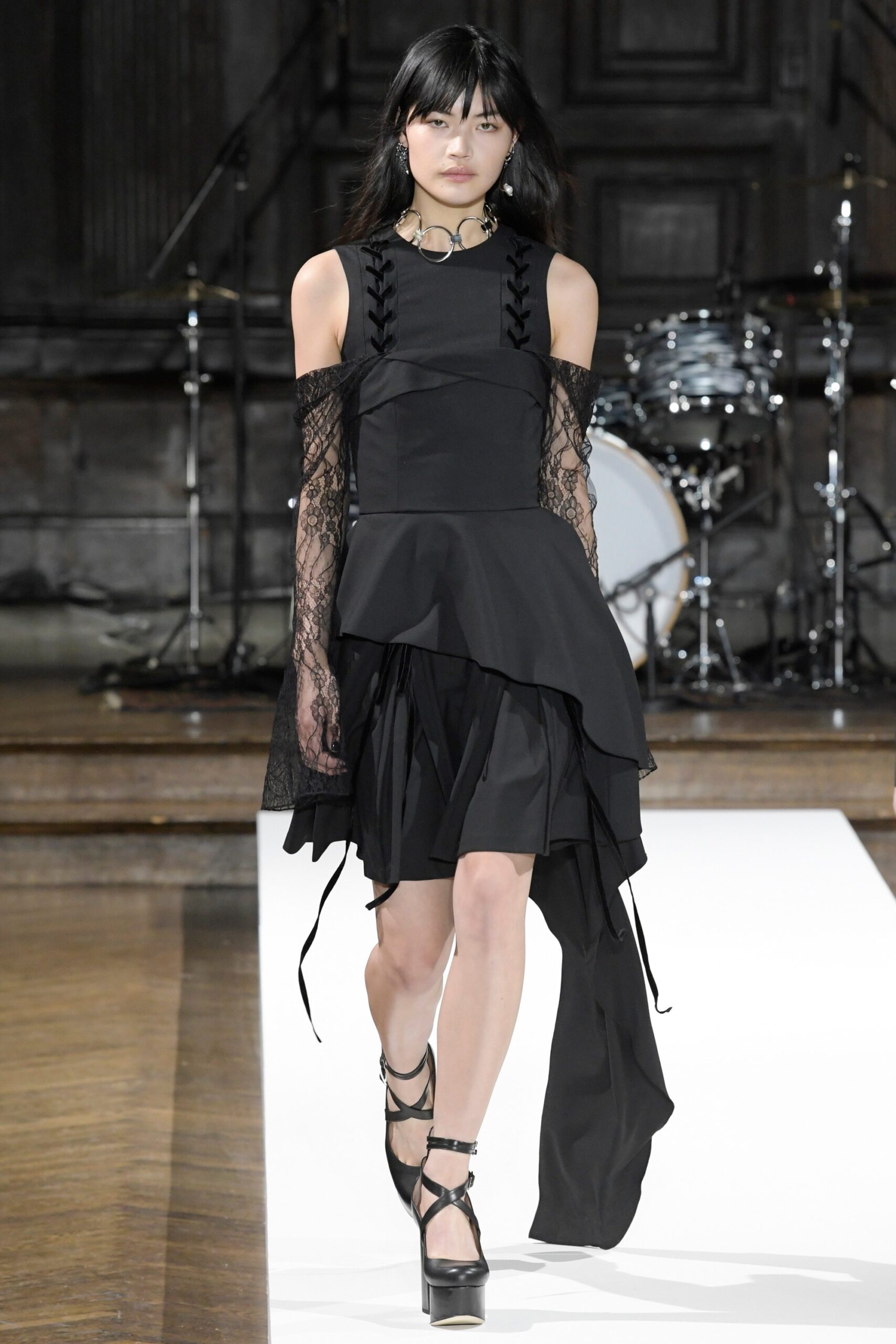 black silk off-shoulder dress