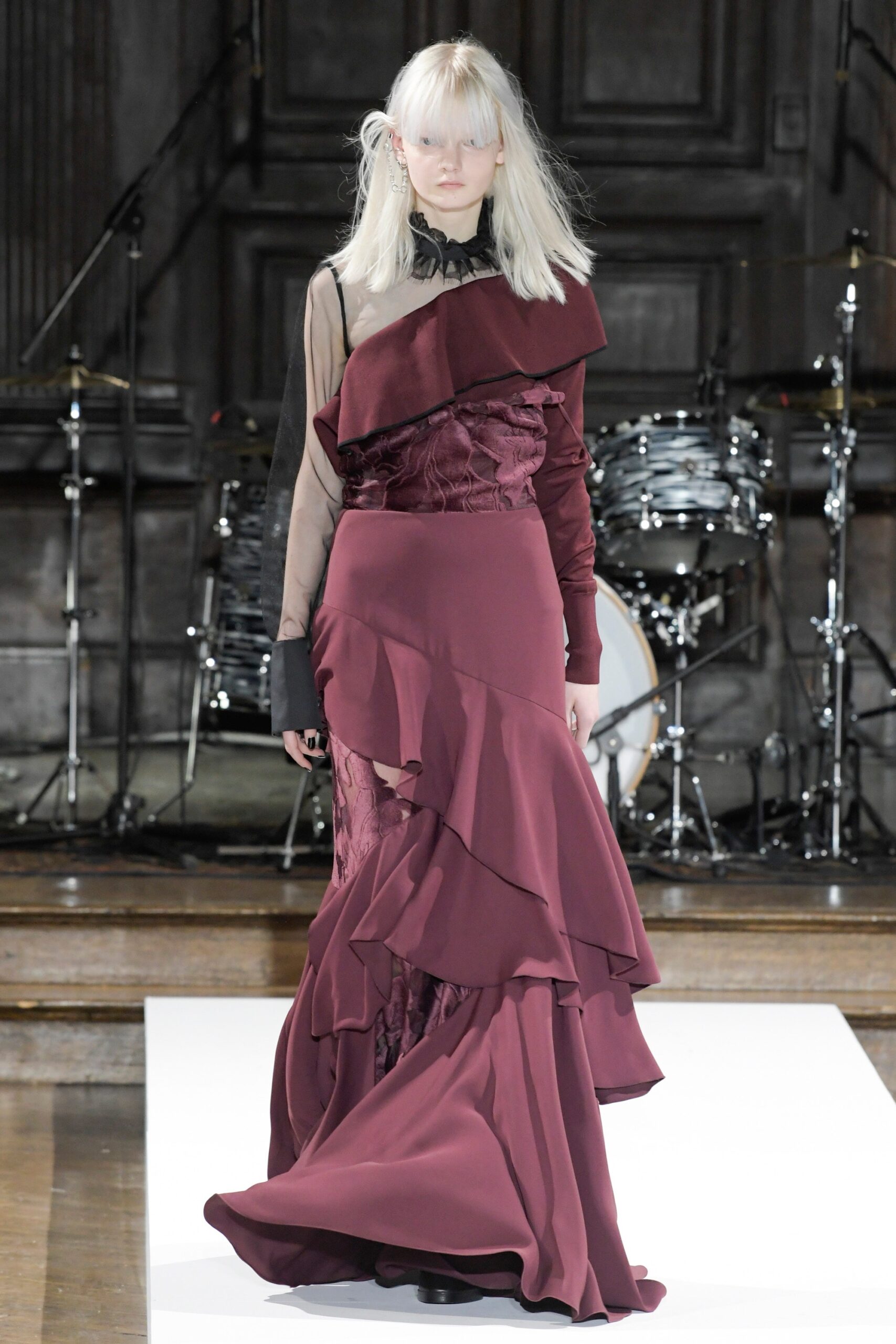 red silk off-shoulder gown