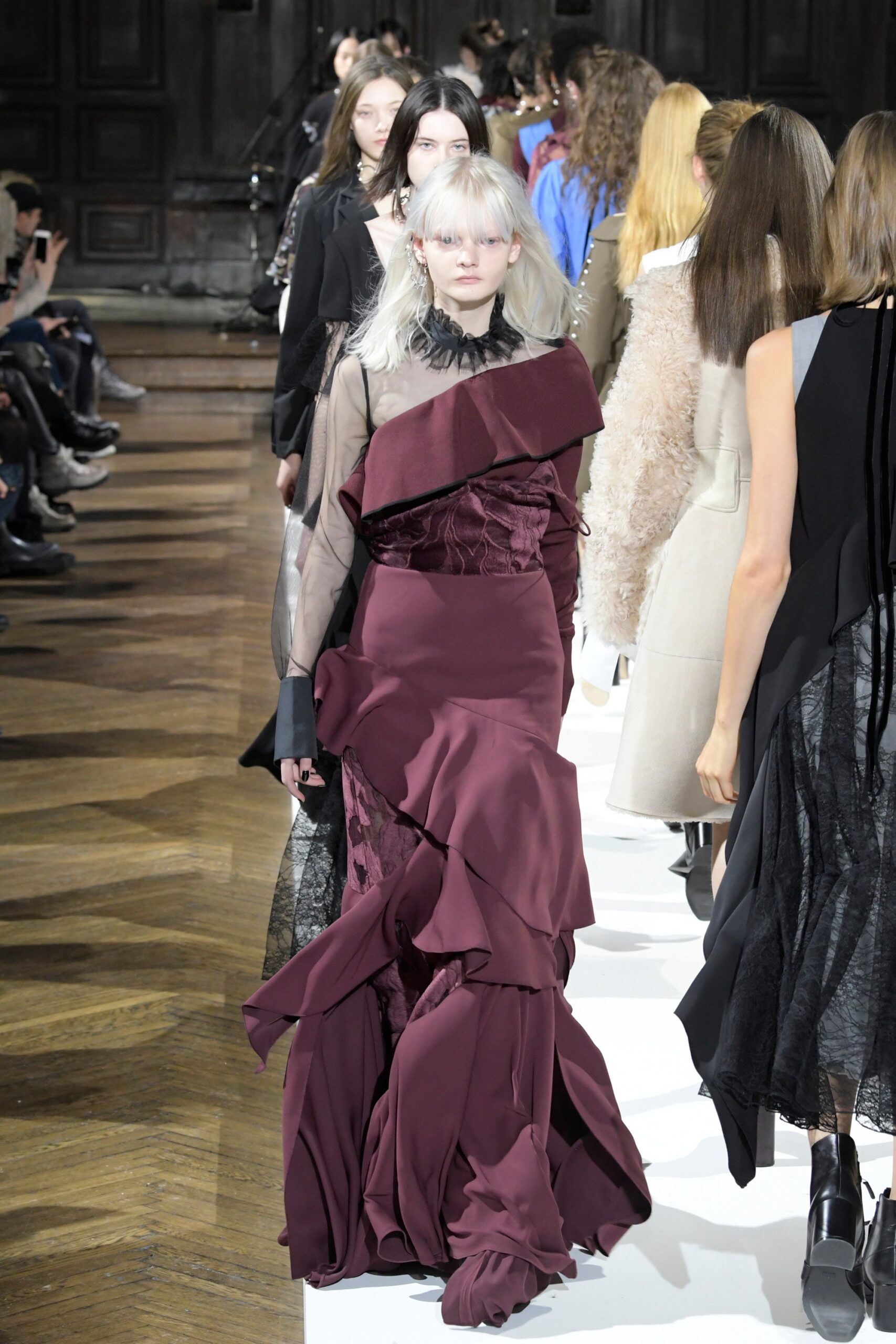 maroon silk off-shoulder gown