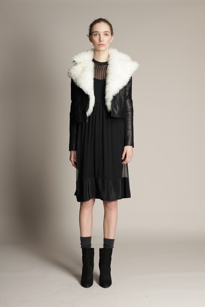 black midi dress with leather jacket