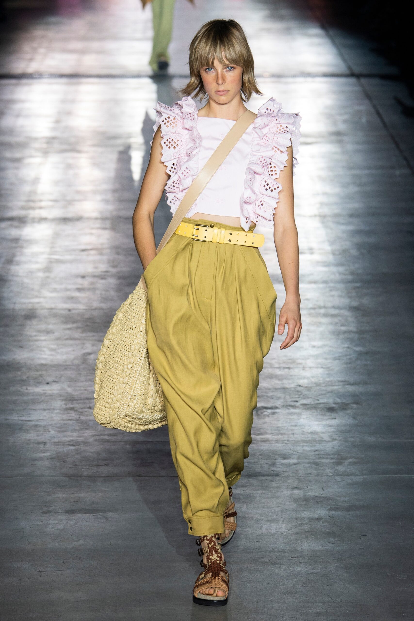 yellow cotton relaxed high-waisted pleated pants