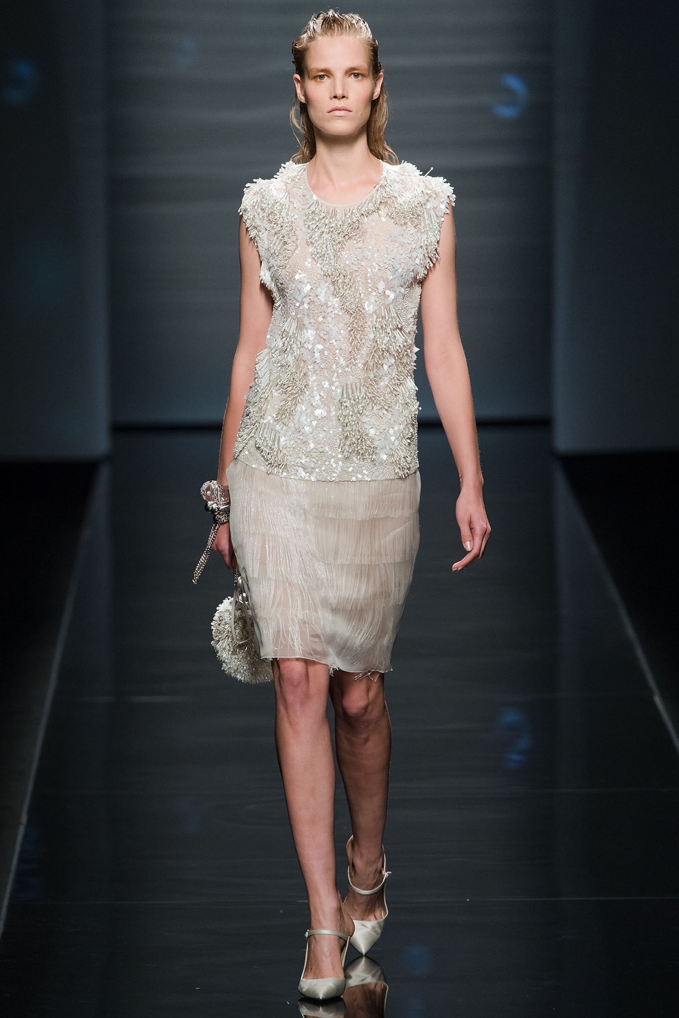 white sequin sleeveless dress