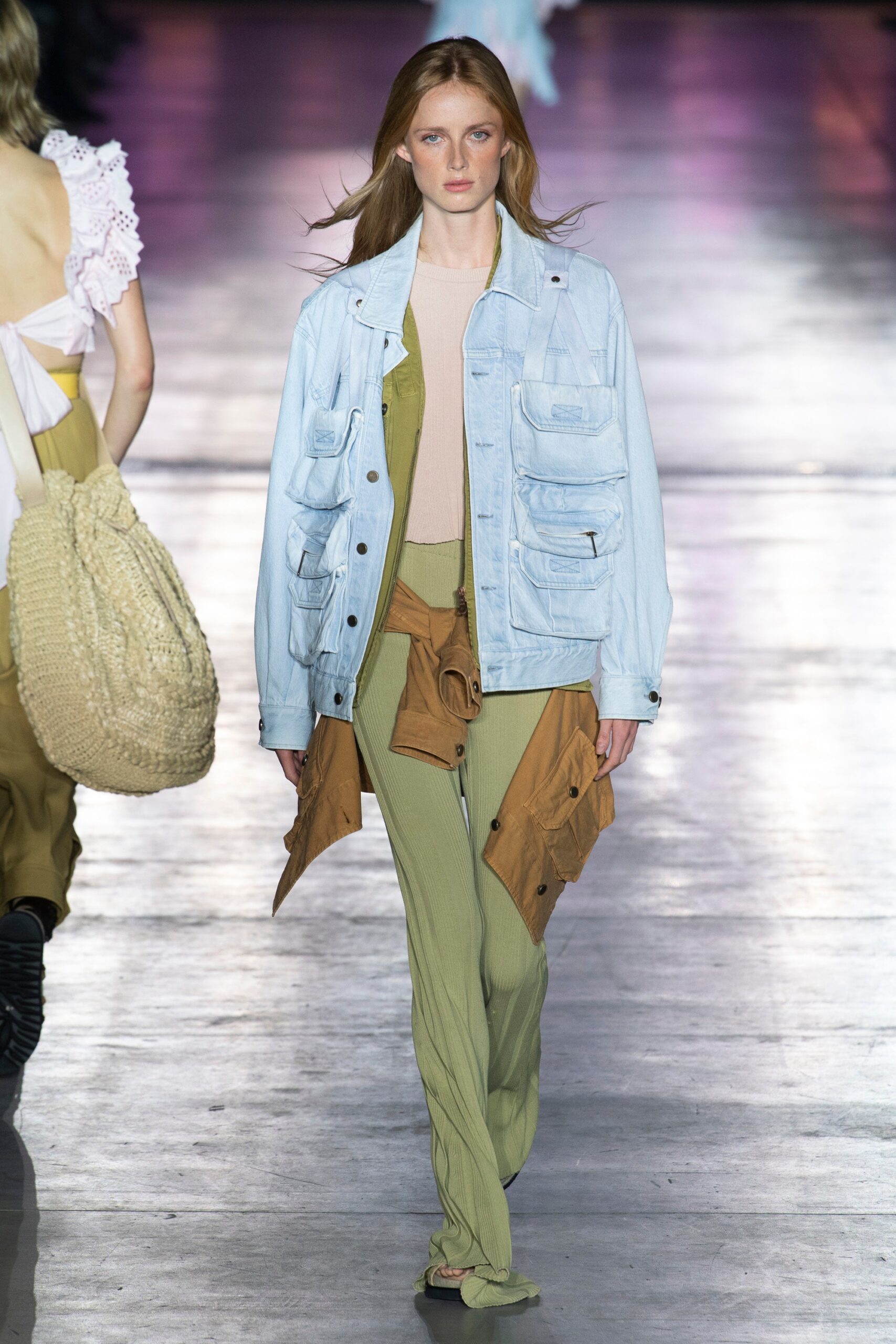 blue denim jacket with beige top